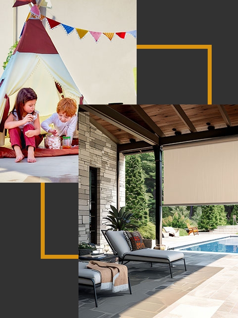composite image of Kids playing on sunny patio in a tent and shaded patio with pool