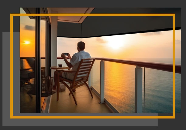 Man sitting on patio overlooking the ocean with sun shades